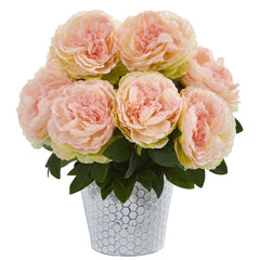 15” Peony Artificial Arrangement in Embossed White Vase
