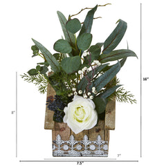 16” Rose and Eucalyptus Artificial Arrangement in Hanging Floral Design House Planter