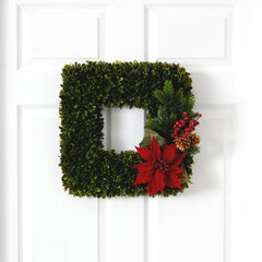 16” Tea Leaf and Poinsettia Artificial Square Wreath