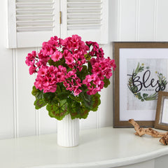 18” Geranium Artificial Plant in White Planter UV Resistant (Indoor/Outdoor)