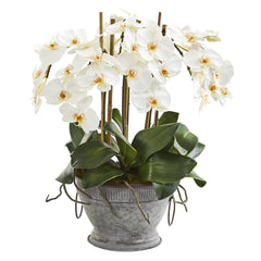 18” Phalaenopsis Orchid Artificial Arrangement in Vintage Bowl with Copper Trimming