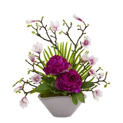 19” Peony, Magnolia and Palm Artificial Arrangement in Vase