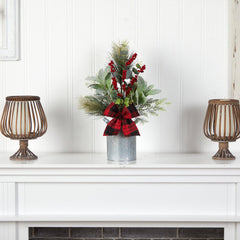 20" Holiday Winter Greenery, Pinecone and Berries with Buffalo Plaid Bow Christmas Arrangement"