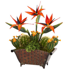 21” Bird of Paradise and Cactus Artificial Plant in Metal Planter