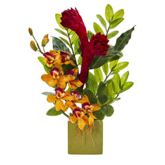 22” Cymbidium Orchid, Ginger and Zamioculcas Artificial Arrangement in Green Vase