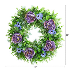 22” Purple Rose, Blue Daisy and Greens Artificial Wreath