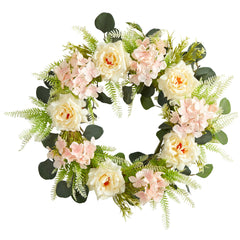 22” Rose and Hydrangea Artificial Wreath