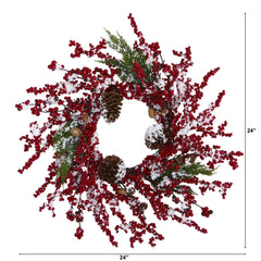 24” Frosted Cypress Artificial Wreath with
Berries and Pine Cones