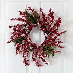 24” Frosted Cypress Artificial Wreath with
Berries and Pine Cones