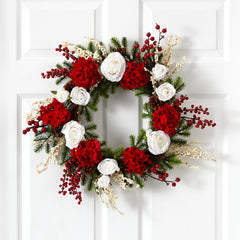 24" Hydrangea w/White Roses Wreath"