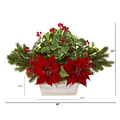 24” Poinsettia, Holly, Berry and Pine Artificial Arrangement in Planter