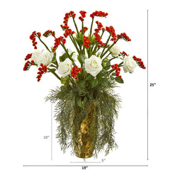 25” Silk Rose Artificial Arrangement in Designer Gold Vase