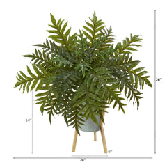26” Hares Foot Fern Artificial Plant in Green Planter with Stand (Real Touch)
