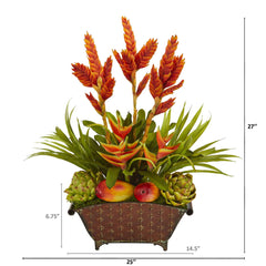 27” Tropical and Faux Fruit Artificial Arrangement in Metal Planter