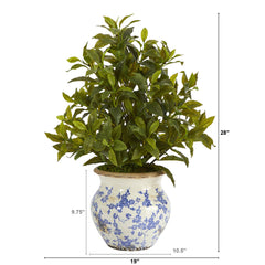28” Coffee Leaf Artificial Plant in Vintage Floral Planter (Real Touch)