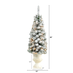 3’ Flocked Pencil Artificial Christmas Tree with 50 Clear Lights and 132 Bendable Branches in White Urn