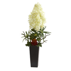 3’ Peegee Hydrangea and Succulent Artificial Arrangement in Black Vase