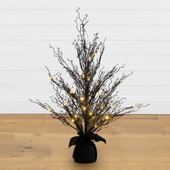 3’ Pre-Lit Halloween Black Twig Artificial Fall Tree in Burlap Planter with 42 Warm White LED Lights