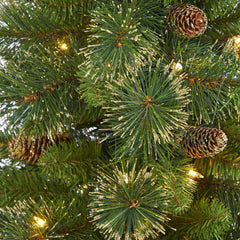 3.5’ Golden Tip Washington Pine Artificial Christmas Tree with 50 Clear Lights, Pine Cones and 148 Bendable Branches in Black Metal Planter