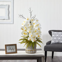 35” Phalaenopsis Orchid and Fern Artificial Arrangement in Stoneware Vase with Gold Trimming