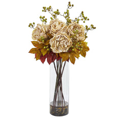 36” Peony and Berries Artificial Arrangement in Large Cylinder Vase