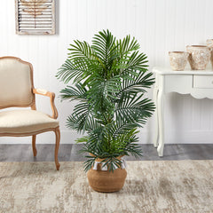 4’ Areca Palm Tree in Boho Chic Handmade Natural Cotton Woven Planter with Tassels UV Resistant