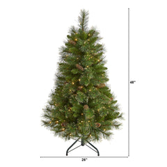 4’ Golden Tip Washington Pine Artificial Christmas Tree with 100 Clear Lights, Pine Cones and 336 Bendable Branches