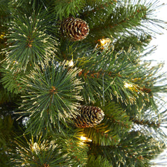4’ Golden Tip Washington Pine Artificial Christmas Tree with 50 Clear Lights, Pine Cones and 148 Bendable Branches in White Planter with Stand