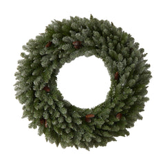 4’ Large Flocked Christmas Wreath with Pinecones, 150 Clear LED Lights and 330 Bendable Branches