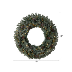 4’ Large Flocked Christmas Wreath with Pinecones, 150 Clear LED Lights and 360 Bendable Branches