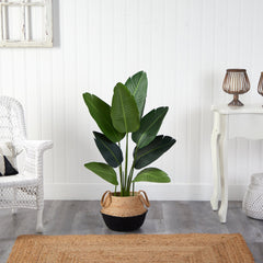 4’ Traveler's Palm Artificial Tree in Boho Chic Handmade Cotton & Jute Black Woven Planter