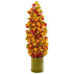 41” Autumn Maple Artificial Tree in Green Metal Planter