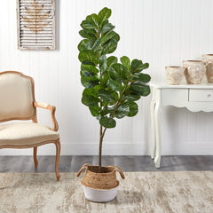 4.5’ Fiddle Leaf Fig Artificial Tree with Boho Chic Handmade Cotton & Jute White Woven Planter