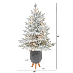 45” Flocked Fraser Fir Artificial Christmas Tree with 200 Warm White Lights and 481 Bendable Branches in Gray Planter with Stand