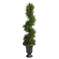 4.5’ Spiral Cypress Artificial Tree in Charcoal Urn with 80 Clear LED Lights UV Resistant (Indoor/Outdoor)