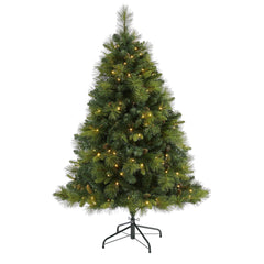 5’ North Carolina Mixed Pine Artificial Christmas Tree with 200 Warm White LED Lights, 711 Bendable Branches and Pinecones