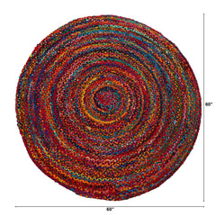 5’ x 5’ Hand Braided Boho Colorful Chindi Round Rug