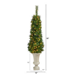 52” Green Pencil Artificial Christmas Tree with 100 Clear (Multifunction) LED Lights and 140 Bendable Branches in Sand Colored Urn