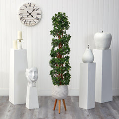 5.5’ English Ivy Topiary Spiral Artificial Tree in White Planter with Stand (Indoor/Outdoor)