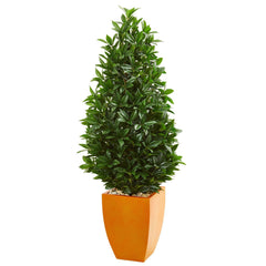 57” Bay Leaf Artificial Topiary Tree in Orange Planter (Indoor/Outdoor)