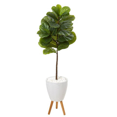 57” Fiddle Leaf Artificial Tree in White Planter with Stand (Real Touch)
