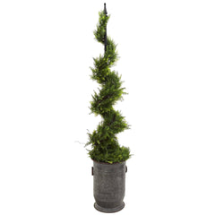 58” Cypress Artificial Spiral Topiary Tree in Vintage Metal Planter