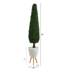 6’ Boxwood Topiary Artificial Tree in White Planter with Stand (Indoor/Outdoor)