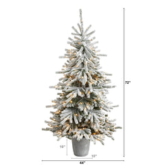 6’ Flocked Long Vermont Pine Tree with 758 Branches and 250 LED Lights in Decorative Planter