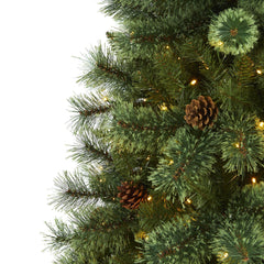 6’ White Mountain Pine Artificial Christmas Tree with 300 Clear LED Lights and Pine Cones