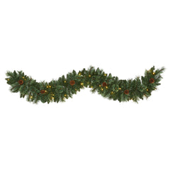 6’ White Mountain Pine Artificial Garland with 35 White Warm LED Lights and Pinecones