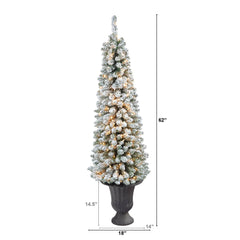 62” Flocked Pencil Artificial Christmas Tree with 200 Clear Lights and 318 Bendable Branches in Charcoal Urn