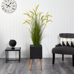 62” Wheat Grain Artificial Plant in Black Planter with Stand