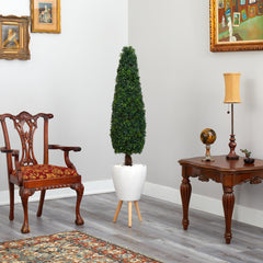 63” Boxwood Topiary Artificial Tree in White Planter with Stand (Indoor/Outdoor)
