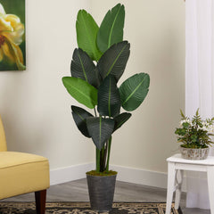 64” Traveler's Palm Artificial Tree in Decorative Tin Planter